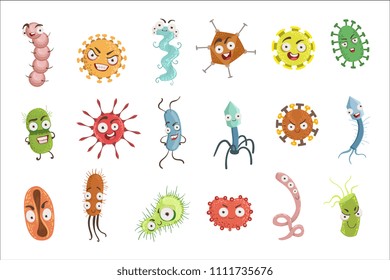 Viruses And Bacterria Cartoon Characters Set