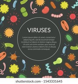 Viruses Banner Template with Space for Text and Colorful Bacterias, Science and Medicine Vector Illustration