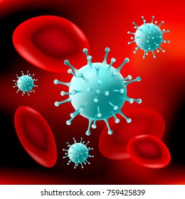 Viruses in blood flow. under microscope. red blood cells and virus on red background. vector. 