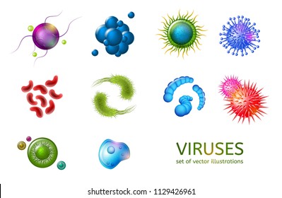 Viruses Cells Vector Set Isolated on White Background. Dangerous Pathogenic Bacteria or Microbes, Allergic Particles, Disease-Causing Microorganisms and Agents Realistic Illustrations Collection