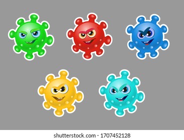 Viruses character vector illustration on gray background. Cartoon Covid fly germs virus infection and micro bacteria character. Microbe, Pathogen, Virus Coronavirus 2019-nCoV. COVID-19