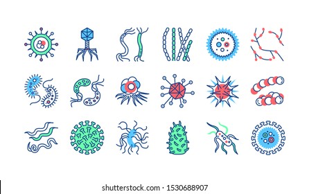 Viruses color line icons set. Respiratory infections. Bacteria, microorganisms signs. Microscopic germ cause diseases concept. Pictograms for web, mobile app. UI/UX design element. Editable stroke.