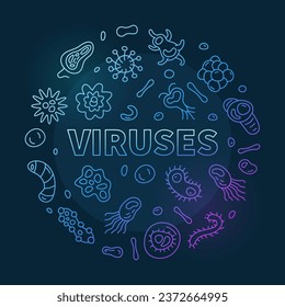 Banner redondo azul de contorno de concepto de virus hecho con señales de contorno de virus - ilustración vectorial con fondo oscuro