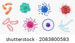 Viruses, germs and bacteria, microorganism types. Illness or disease microscopic cells and infection, microbes and antibodies. Dangerous pathogen, microbiology. Realistic 3d vector illustration