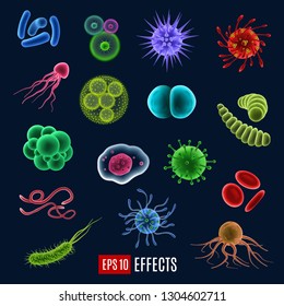 Viruses, germs and bacteria, microorganism types, glowing effect. Vector illness or disease microscopic cells and infection, microbes and antibodies. Dangerous pathogen causing harm, microbiology