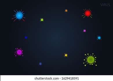 Viruses, germs and bacteria, microorganism types, glowing effect. Vector illness or disease microscopic cells and infection, microbes and antibodies. Neon vector illustration. Microbiology.