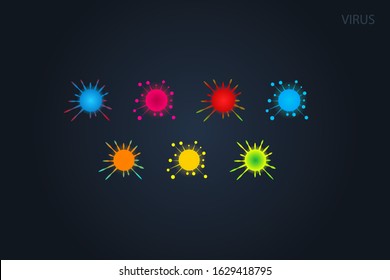 Viruses, germs and bacteria, microorganism types, glowing effect. Vector illness or disease microscopic cells and infection, microbes and antibodies. Neon vector illustration. Microbiology.
