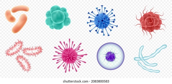 Viruses, germs and bacteria, microorganism types. Illness or disease microscopic cells and infection, microbes and antibodies. Dangerous pathogen, microbiology. Realistic 3d vector illustration