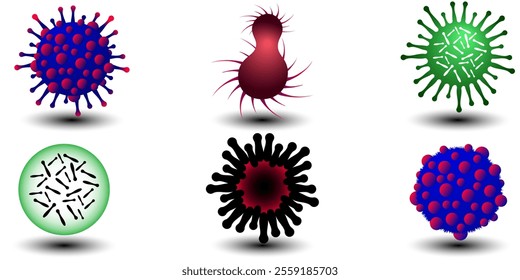 Viruses, germs and bacteria, microorganism types. Illness or disease microscopic cells and infection, microbes and antibodies. Dangerous pathogen, microbiology. Vector isolated illustration