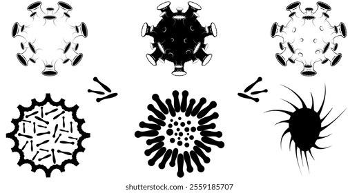 Viruses, germs and bacteria, microorganism types. Illness or disease microscopic cells and infection, microbes and antibodies. Dangerous pathogen, microbiology. Vector isolated illustration