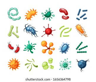 viruses. germs flu bacteria bacillus characters healthcare medical biology vector colored viruses illustrations isolated