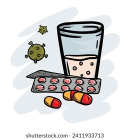 Viruses, a glass of water, medicines, tablets and capsules to treat flu and colds