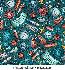 Viruses hand drawn doodles seamless pattern. Coronavirus background. Cartoon print design. Colorful vector illustrations