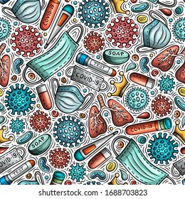 Viruses hand drawn doodles seamless pattern. Coronavirus background. Cartoon print design. Colorful vector illustrations