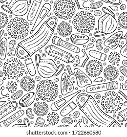 Viruses hand drawn doodles seamless pattern. Coronavirus background. Cartoon print design. Sketchy vector illustrations