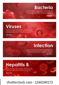 Viruses, infections and blood disease bacteria of hepatitis. Vector banners of medical blood test or infectious microbiology and viral biology or hematology clinic laboratory research. Mixed media