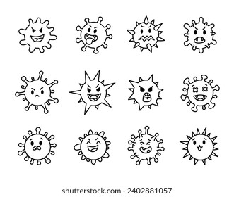 Viruses kawaii. Coloring Page. Cute cartoon characters of bacterial infection and microbe. Hand drawn style. Vector drawing. Collection of design elements.