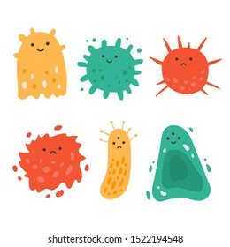 Viruses kawaii illustration set. Cute cartoon characters of bacterial infection and microbe isolated on white background. Disease causing elements. For concept, design, children book and promotion