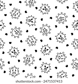 Viruses kawaii. Seamless pattern. Coloring Page. Cute cartoon characters of bacterial infection and microbe. Hand drawn style. Vector drawing. Design ornaments.