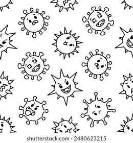 Viruses kawaii. Seamless pattern. Coloring Page. Cute cartoon characters of bacterial infection and microbe. Hand drawn style. Vector drawing. Design ornaments.