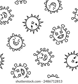 Viruses kawaii. Seamless pattern. Coloring Page. Cute cartoon characters of bacterial infection and microbe. Hand drawn style. Vector drawing. Design ornaments.