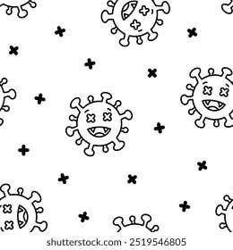 Viruses kawaii. Seamless pattern. Coloring Page. Cute cartoon characters of bacterial infection and microbe. Hand drawn style. Vector drawing. Design ornaments.