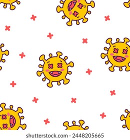 Viruses kawaii. Seamless pattern. Cute cartoon characters of bacterial infection and microbe. Hand drawn style. Vector drawing. Design ornaments.