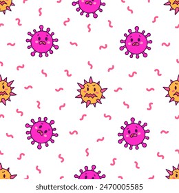 Virus kawaii. Patrón sin costuras. Personajes de dibujos animados lindos de infección bacteriana y microbio. Estilo dibujado a mano. Dibujo de Vector. Diseñar adornos.