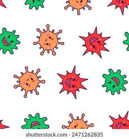 Viruses kawaii. Seamless pattern. Cute cartoon characters of bacterial infection and microbe. Hand drawn style. Vector drawing. Design ornaments.