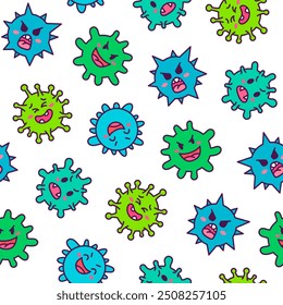 Virus kawaii. Patrón sin fisuras. Personajes lindos de dibujos animados de infección bacteriana y microbios. Estilo dibujado a mano. Dibujo de Vector. Diseña adornos.