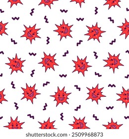 Viruses kawaii. Seamless pattern. Cute cartoon characters of bacterial infection and microbe. Hand drawn style. Vector drawing. Design ornaments.