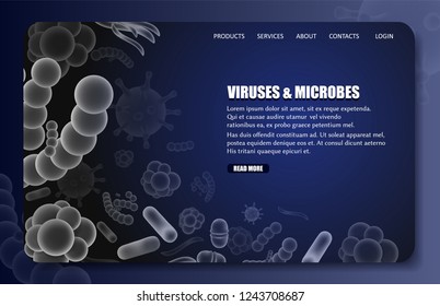 Viruses and microbes landing page website template. Vector illustration of different types of microorganisms, microscopic germs and bacteria. Virology microbiology and medicine science concept.