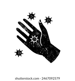 Virus en la mano humana palma negro dibujado a mano icono en aspecto grunge