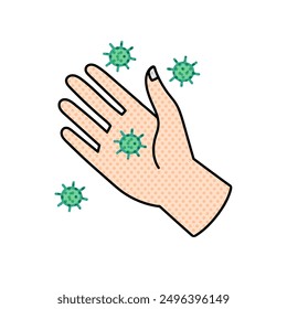 viruses on human hand palm halftone hand drawn color vector illustration