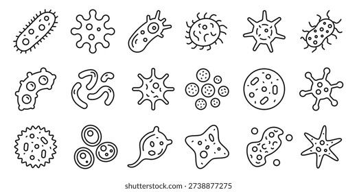 Viruses and parasites line icon set. Collection of microbiology symbols including bacteria, protozoa, worm and microbe signs.