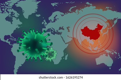 Viruses particle on world map with red mark on china.concept for element of article for Wuhan virus or 2019 NCOV from china in vector illustration