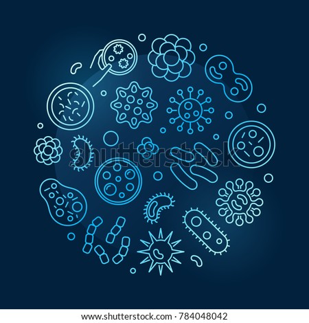 Viruses and pathogens vector blue symbol. Vector circular pathogen concept illustration made with microbes and viruses line icons on dark background
