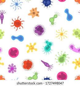 Viruses pattern. Colorful germs background, toxin cells microbes and bacterias. Epidemiology, biology and microbiology elements. Flu disease, coronavirus vector seamless texture