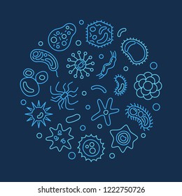 Viruses round vector concept blue illustration in thin line style. Virus or infection concept symbol on dark background