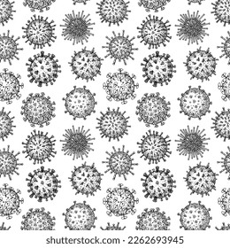 Viruses seamless patten. Scientific hand drawn vector illustration in sketch style. Microscopic microorganisms