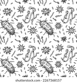 Viren sind nahtlos patten. Wissenschaftliche, handgezeichnete Vektorgrafik im Skizzenstil. Mikroskopische Mikroorganismen