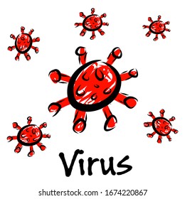 viruses Sign Vector, Corona, bacteria, infections, fungi and infections. Antivirus shield. Hand drawn illustration in Vector style. dark red viruses and bacteria. 