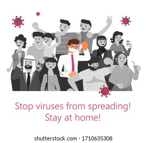 Viruses Spreading Concept. Coronavirus Carrier A Sick Person In A Crowd Infects Other People. Banner Of Precautions Epidemic Outbreak And Awareness. Flat Art Vector Illustration