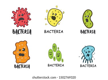 Viruses vector cartoon bacteria. bacterial infection or disease. Microbiology illustration set of emotional microorganisms.