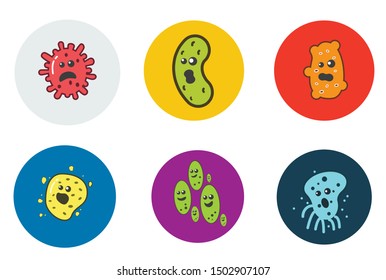 Viruses vector cartoon bacteria. bacterial infection or disease. Microbiology illustration set of emotional microorganisms.