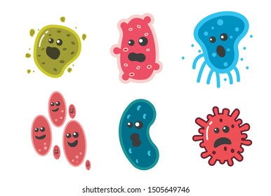 Viruses vector cartoon bacteria. bacterial infection or disease. Microbiology illustration set of emotional microorganisms.