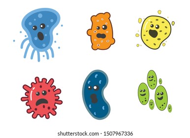 Viruses vector cartoon bacteria. bacterial infection or disease. Microbiology illustration set of emotional microorganisms.