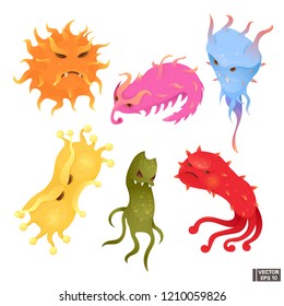 Viruses vector cartoon bacteria character. illustration set of microbe organism.