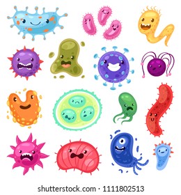 Viruses vector cartoon bacteria emoticon character of bacterial infection or ilness in microbiology illustration set of microbe organism emotions isolated on white background