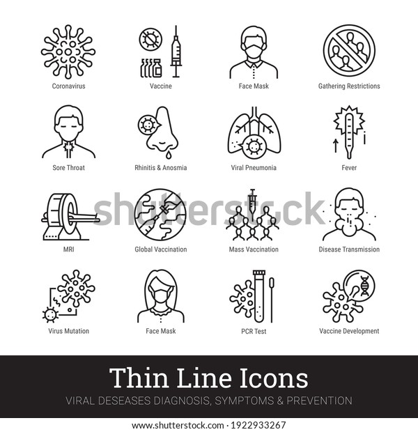Viruses, viral infection, medical laboratory thin\
line icons. Vector set of medicine science. Viral disease,\
diagnosis, symptom, prevention, protective measures pictograms\
collection. Editable\
stroke.
